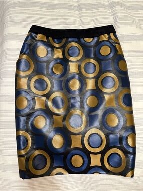 Versace Blue and Gold Geometric Satin Pencil Skirt